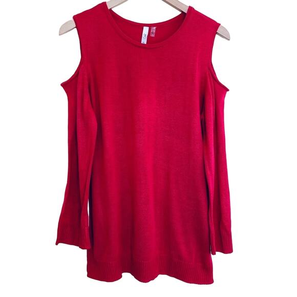 New York Collection pullover sweater crew rib knit open shoulder red large - Picture 2 of 5